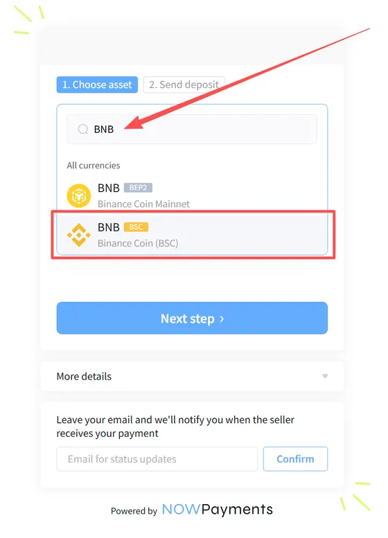NOWPayments: BNB on BNB Smart Chain selected