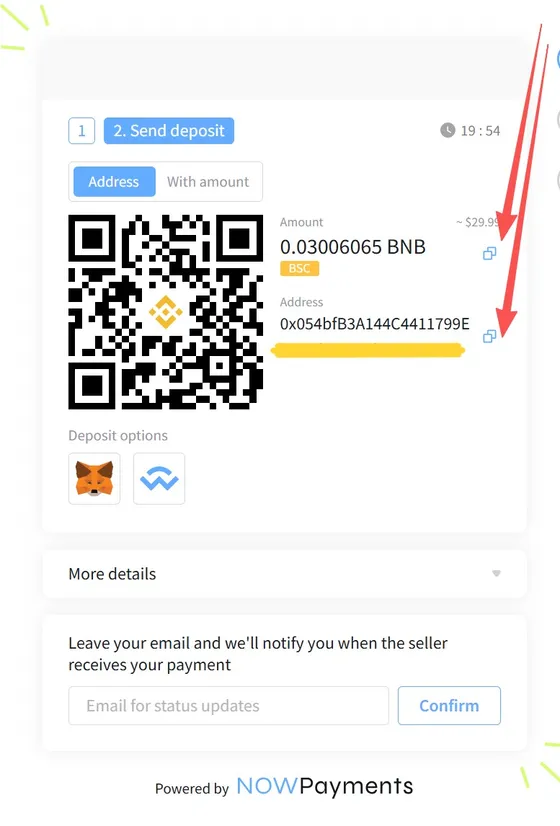NOWPayments: the amount and the address to copy