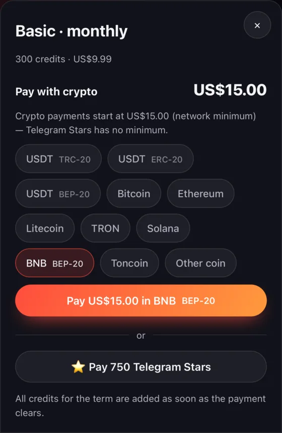 The payment window with BNB BEP-20 picked
