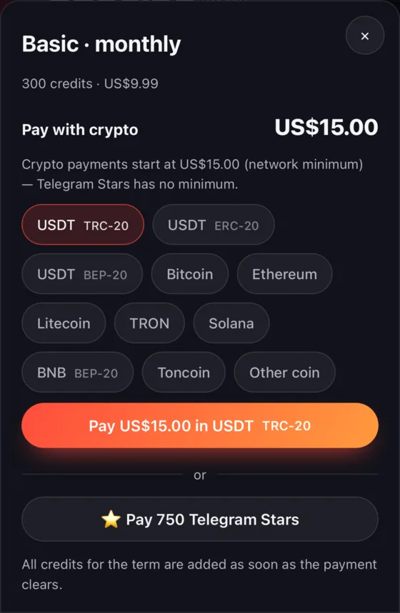 The payment window with the Pay Telegram Stars button